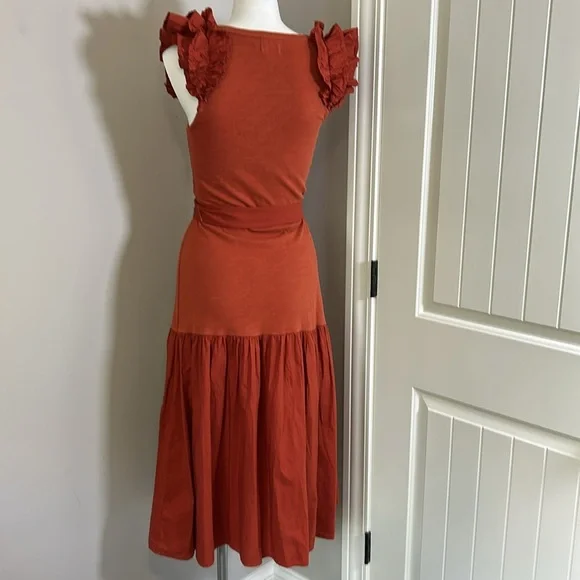 Nation Everleigh Frilly Dress Cayenne Red Orange poplin flutter sleeve Sz XS - Picture 10 of 14